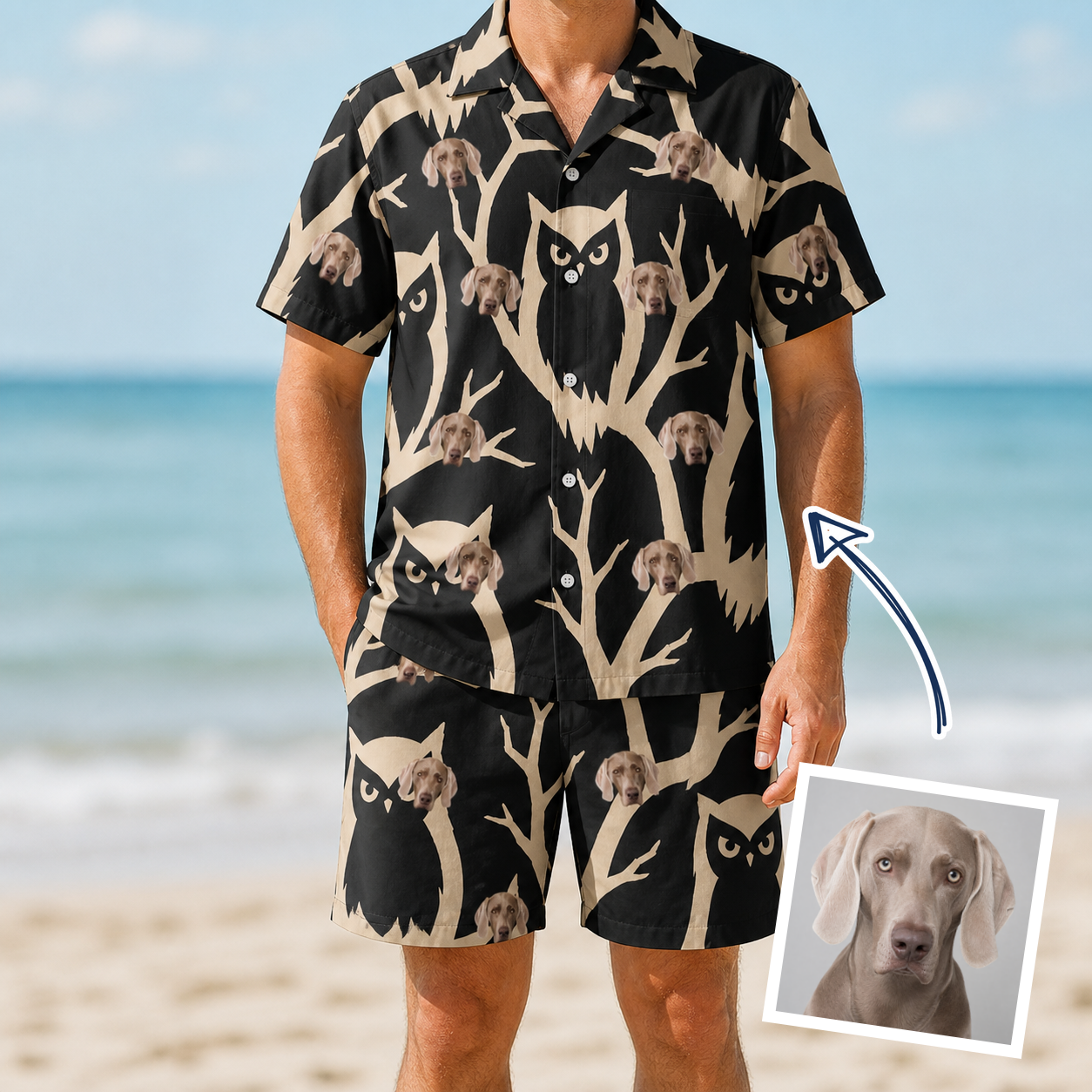 Man wearing Men's Midnight Moonhoot Custom Dog Face Shirt & Shorts Set — custom faces printed all-over