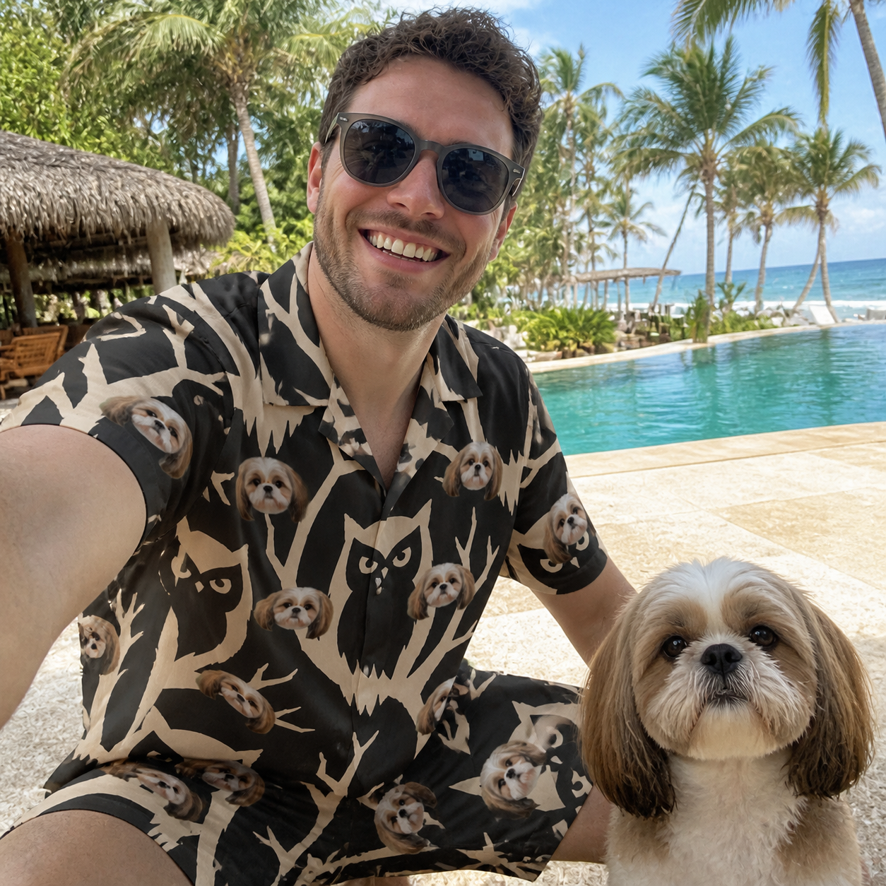 Selfie with the pet whose face is printed all over this Men's Midnight Moonhoot Custom Dog Face Shirt & Shorts Set