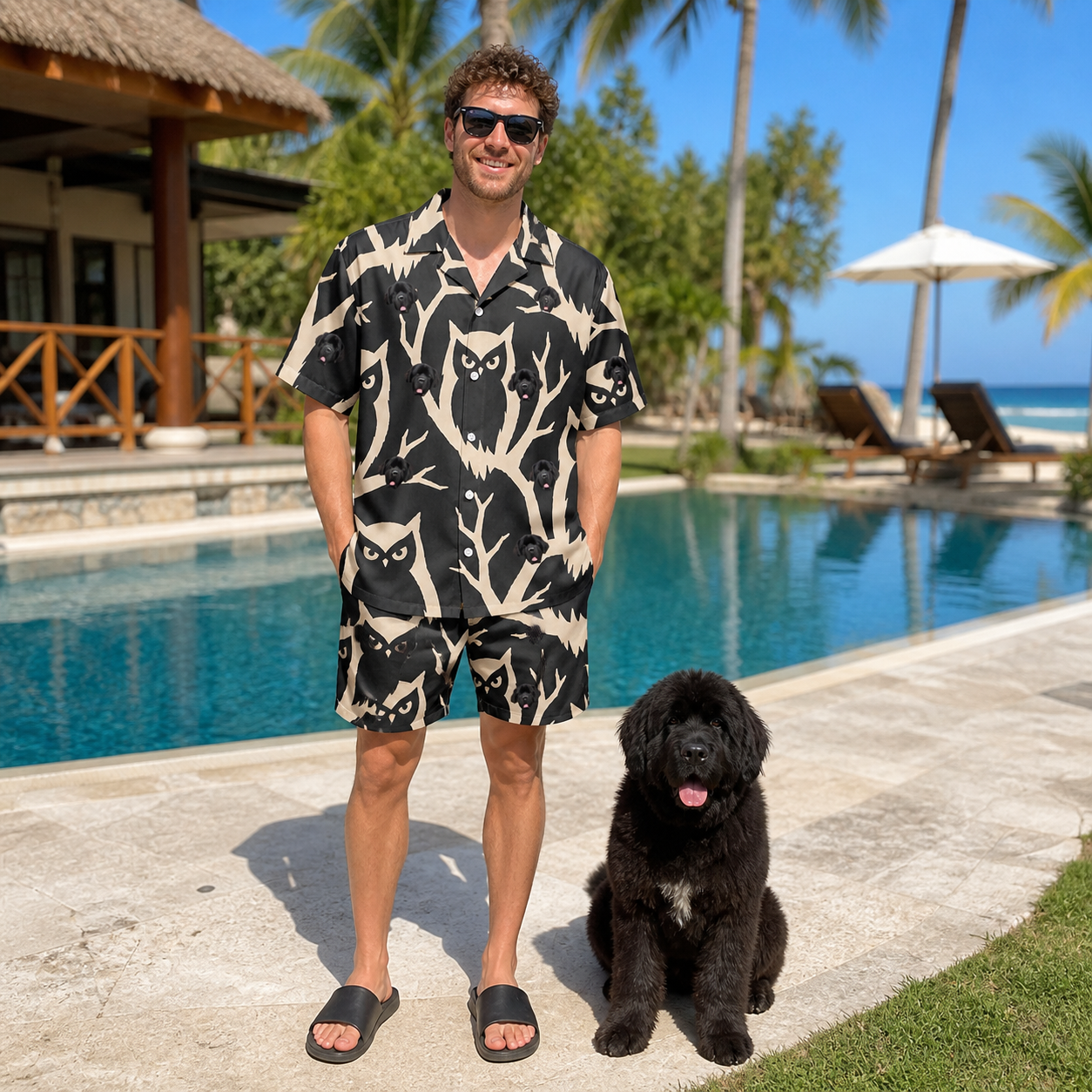 Full-length photo with the pet printed all over this Men's Midnight Moonhoot Custom Dog Face Shirt & Shorts Set