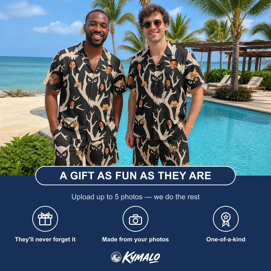 Friends in matching Men's Midnight Moonhoot Custom Face Shirt & Shorts Set — a group gift photo