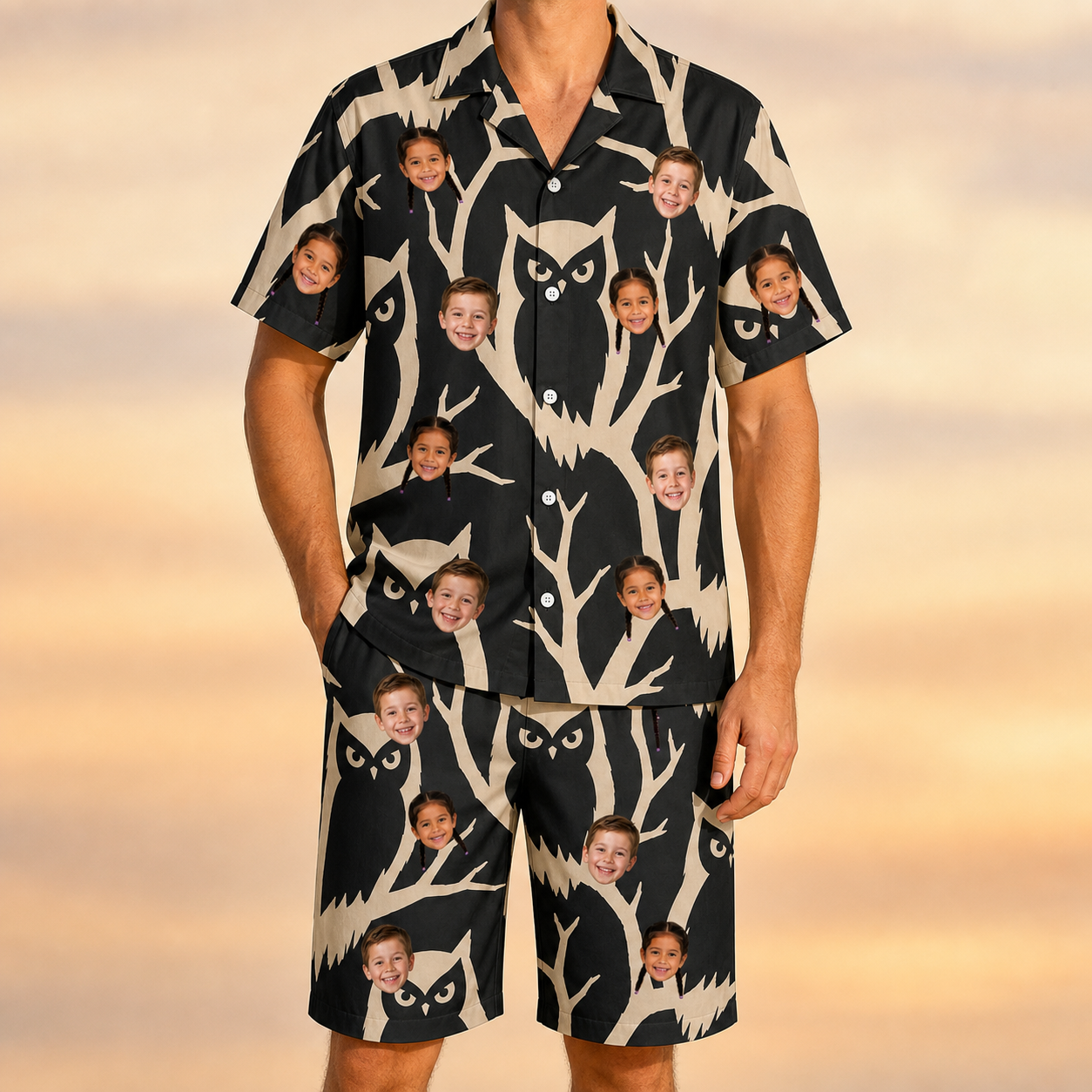 Model wearing Men's Midnight Moonhoot Custom Face Shirt & Shorts Set printed with kids' faces