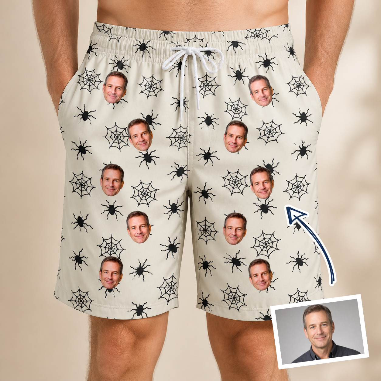 Man wearing Men's Tangle Terror Custom Face Beach Shorts — custom faces printed all-over