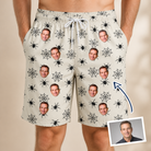 Man wearing Men's Tangle Terror Custom Face Beach Shorts — custom faces printed all-over
