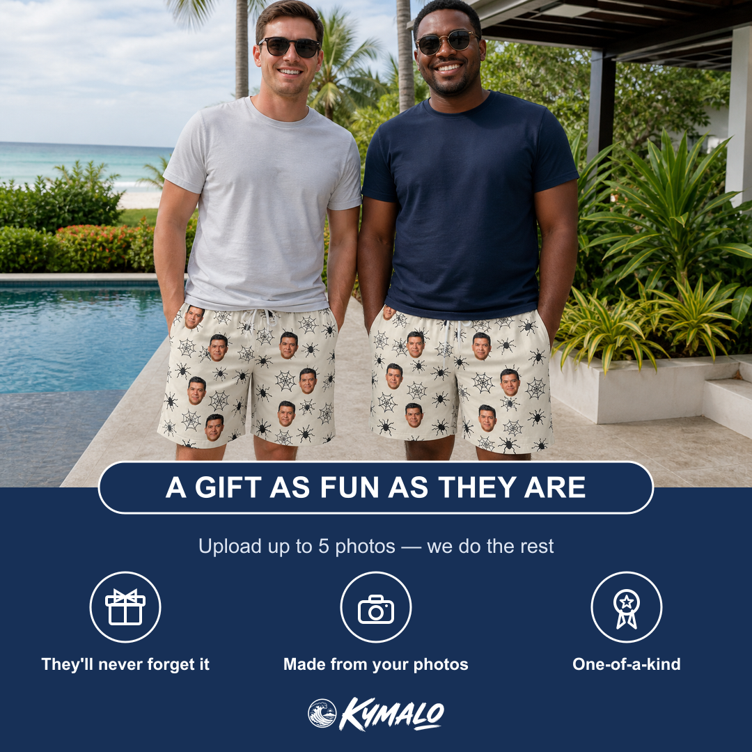 Friends in matching Men's Tangle Terror Custom Face Beach Shorts — a group gift photo