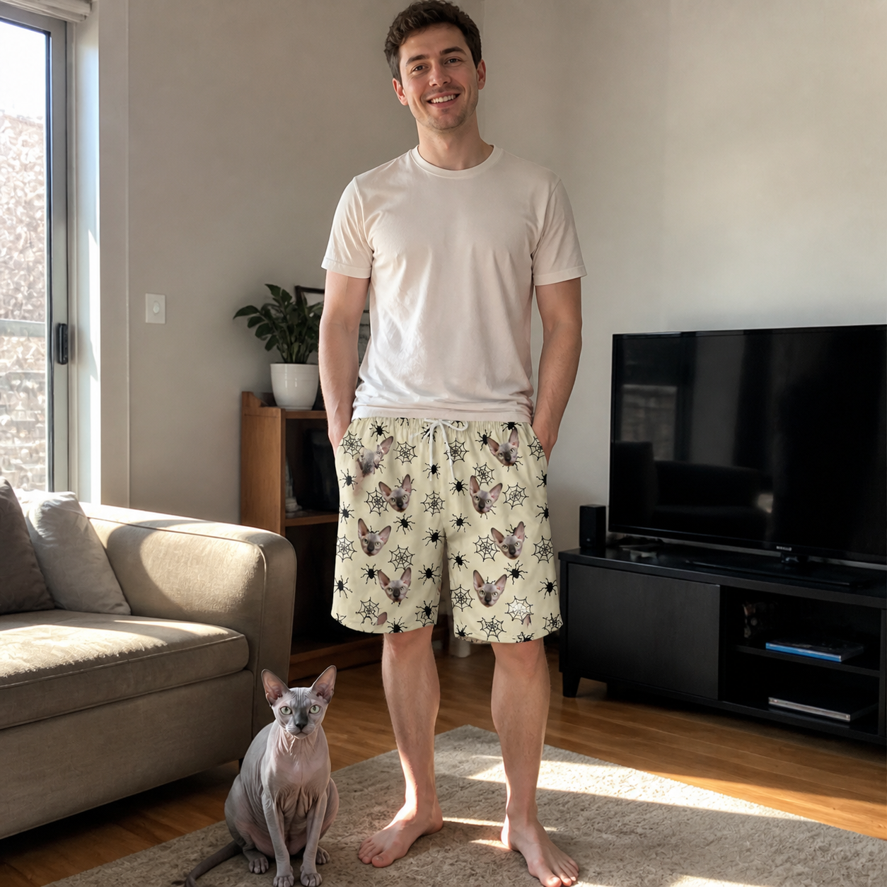 Full-length photo with the pet printed all over this Men's Tangle Terror Custom Cat Face Beach Shorts