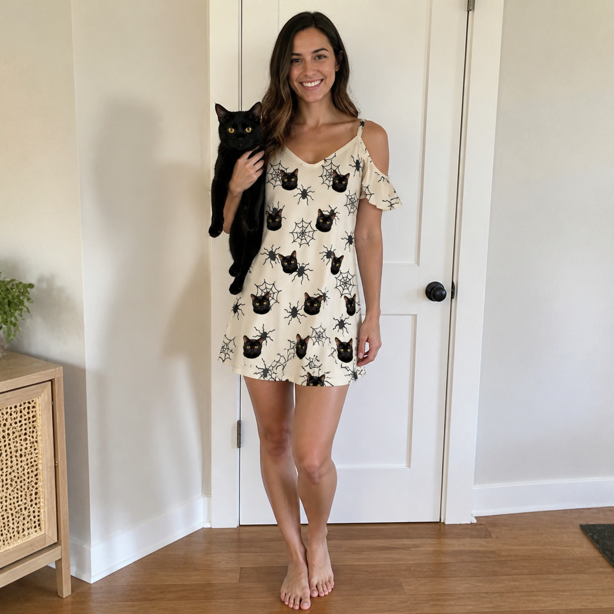 Full-length photo with the pet printed all over this Women's Tangle Terror Custom Cat Face Off-Shoulder Dress