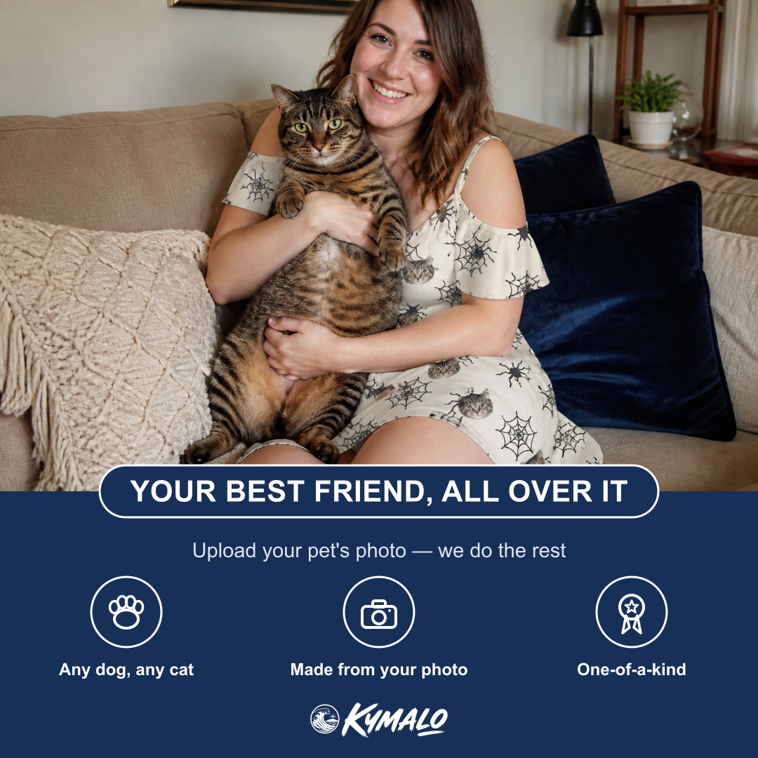 Friends in matching Women's Tangle Terror Custom Cat Face Off-Shoulder Dress — a group gift photo