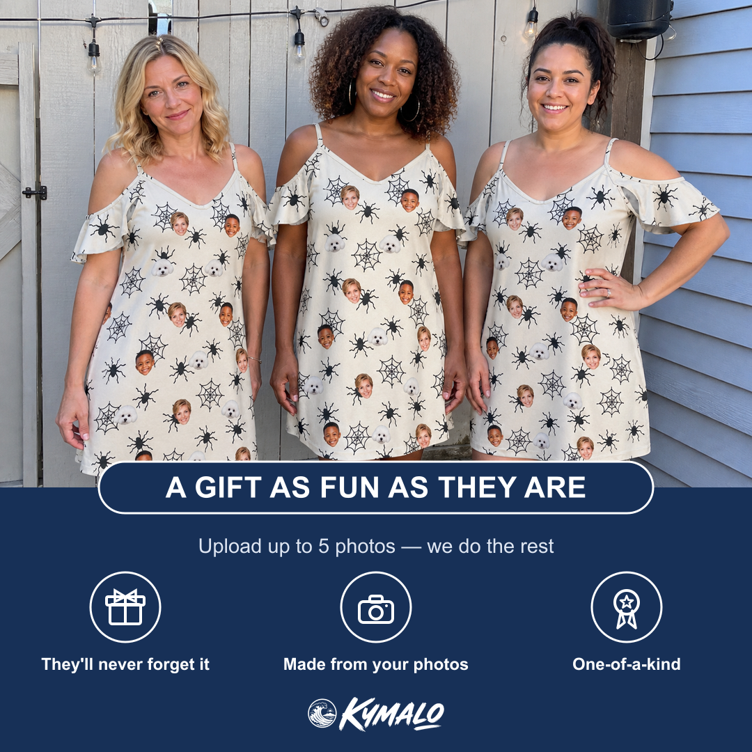 Friends in matching Funny Spiders And Webs Custom Face Off-Shoulder Dress for Women — a group gift photo