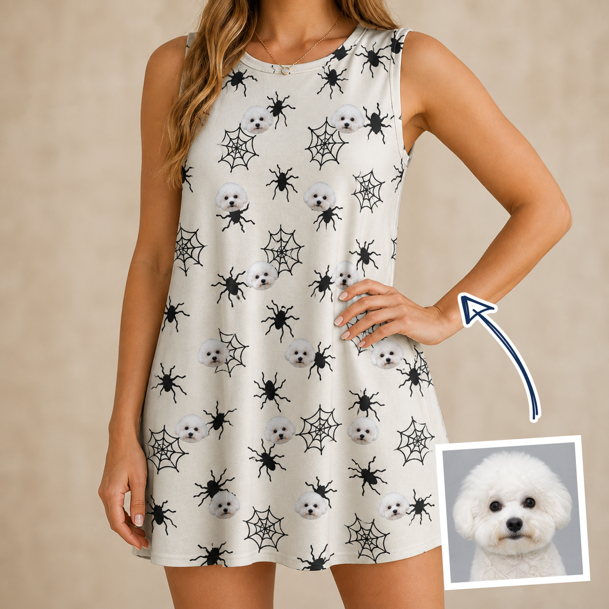 Woman wearing Women's Tangle Terror Custom Dog Face Tank Dress — custom faces printed all-over