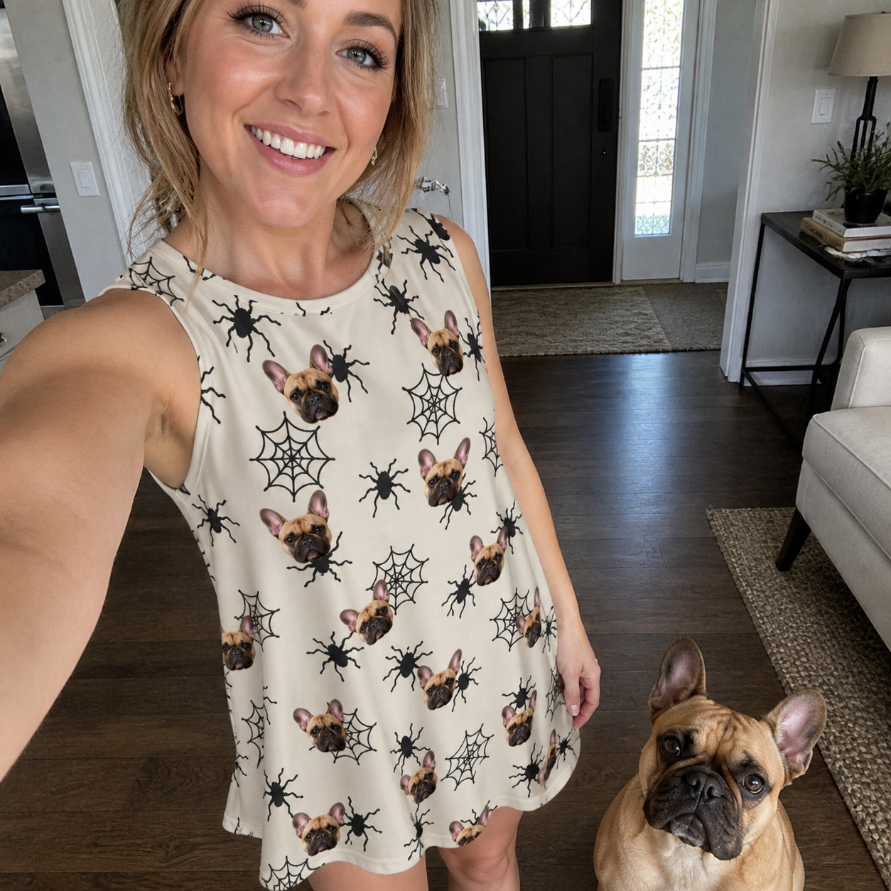 Selfie with the pet whose face is printed all over this Women's Tangle Terror Custom Dog Face Tank Dress