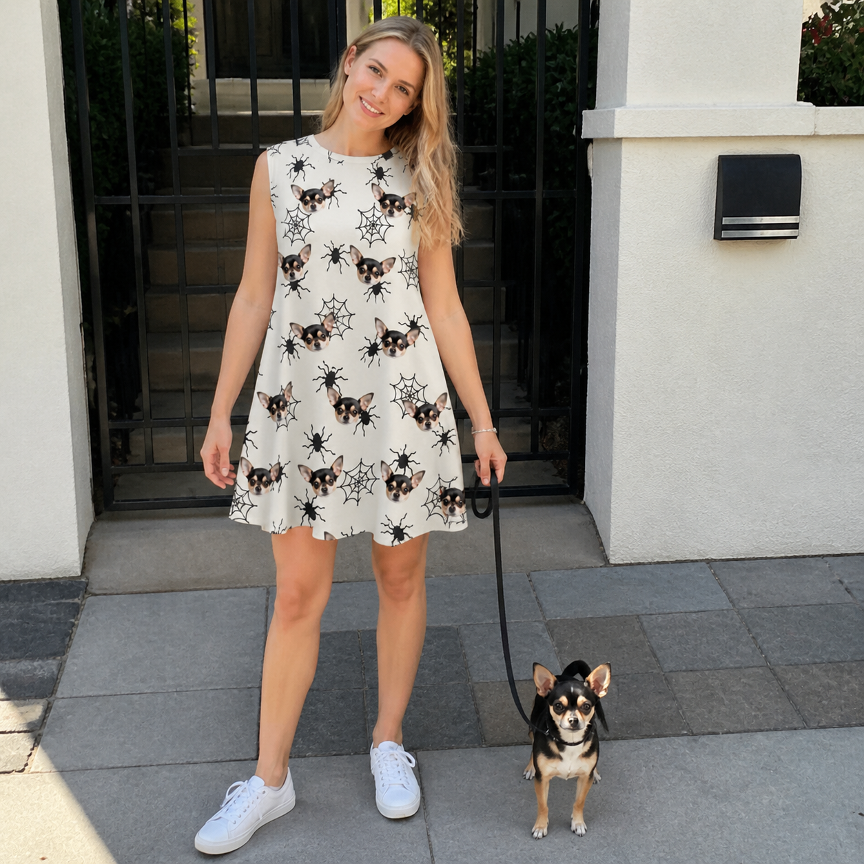 Full-length photo with the pet printed all over this Women's Tangle Terror Custom Dog Face Tank Dress