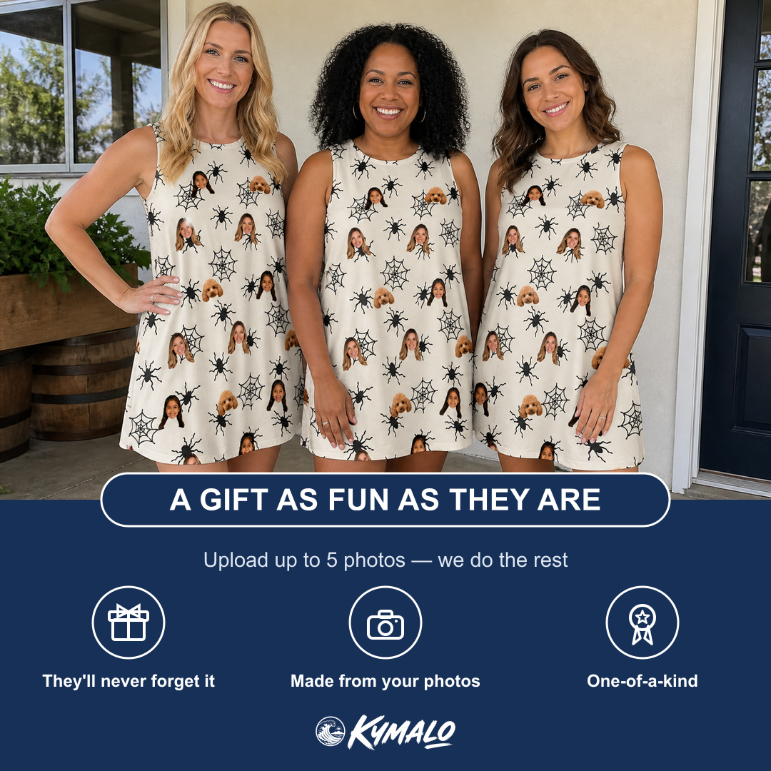 Friends in matching Women's Tangle Terror Custom Face Tank Dress — a group gift photo