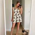 Full-length photo with the pet printed all over this Women's Tangle Terror Custom Cat Face V-Neck Dress
