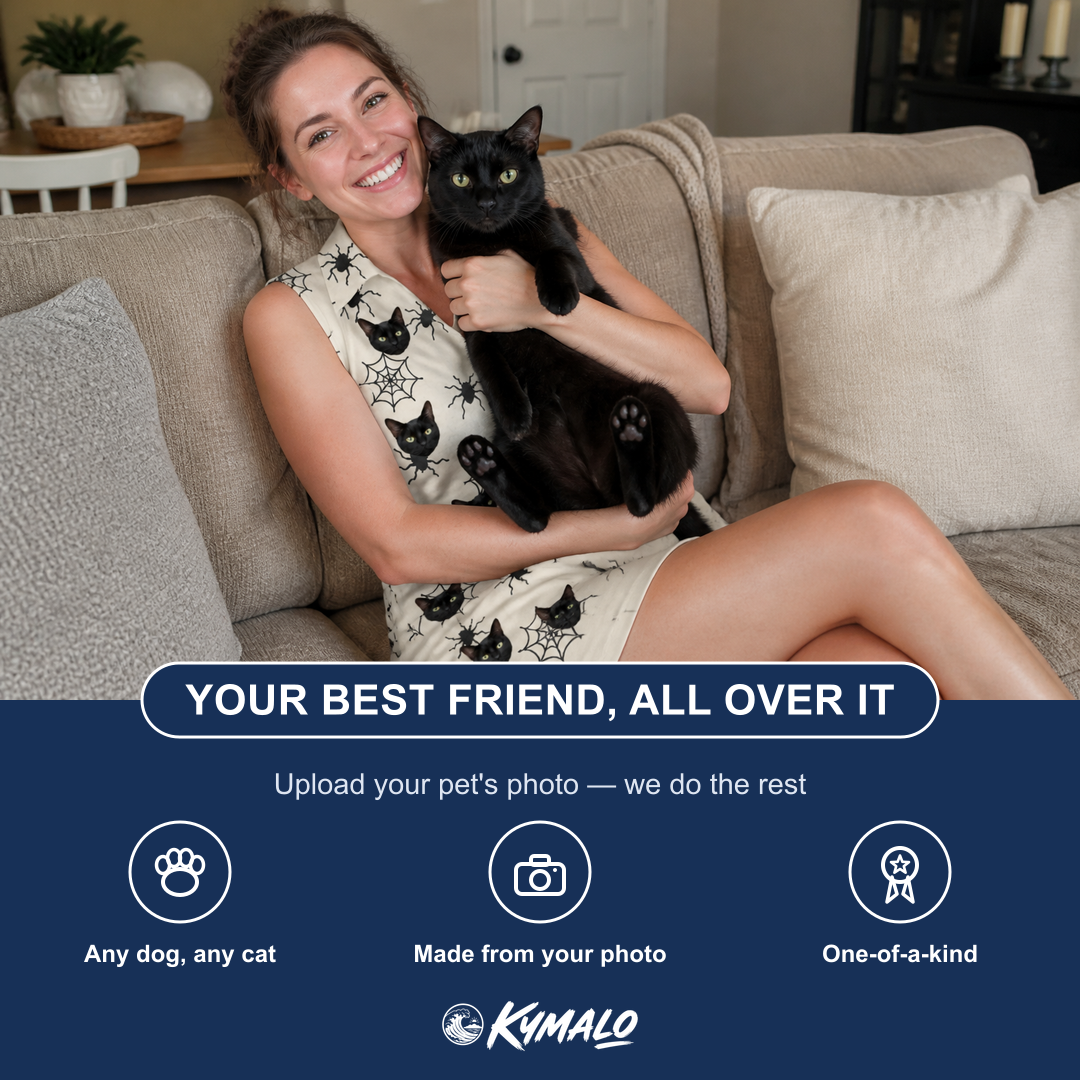 Friends in matching Women's Tangle Terror Custom Cat Face V-Neck Dress — a group gift photo