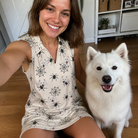Selfie with the pet whose face is printed all over this Women's Tangle Terror Custom Dog Face V-Neck Dress