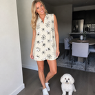 Full-length photo with the pet printed all over this Women's Tangle Terror Custom Dog Face V-Neck Dress
