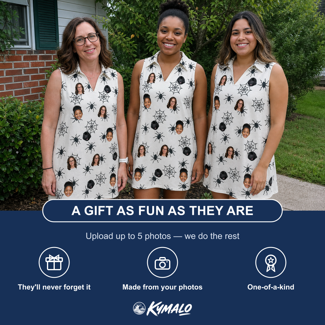 Friends in matching Women's Tangle Terror Custom Face V-Neck Dress — a group gift photo