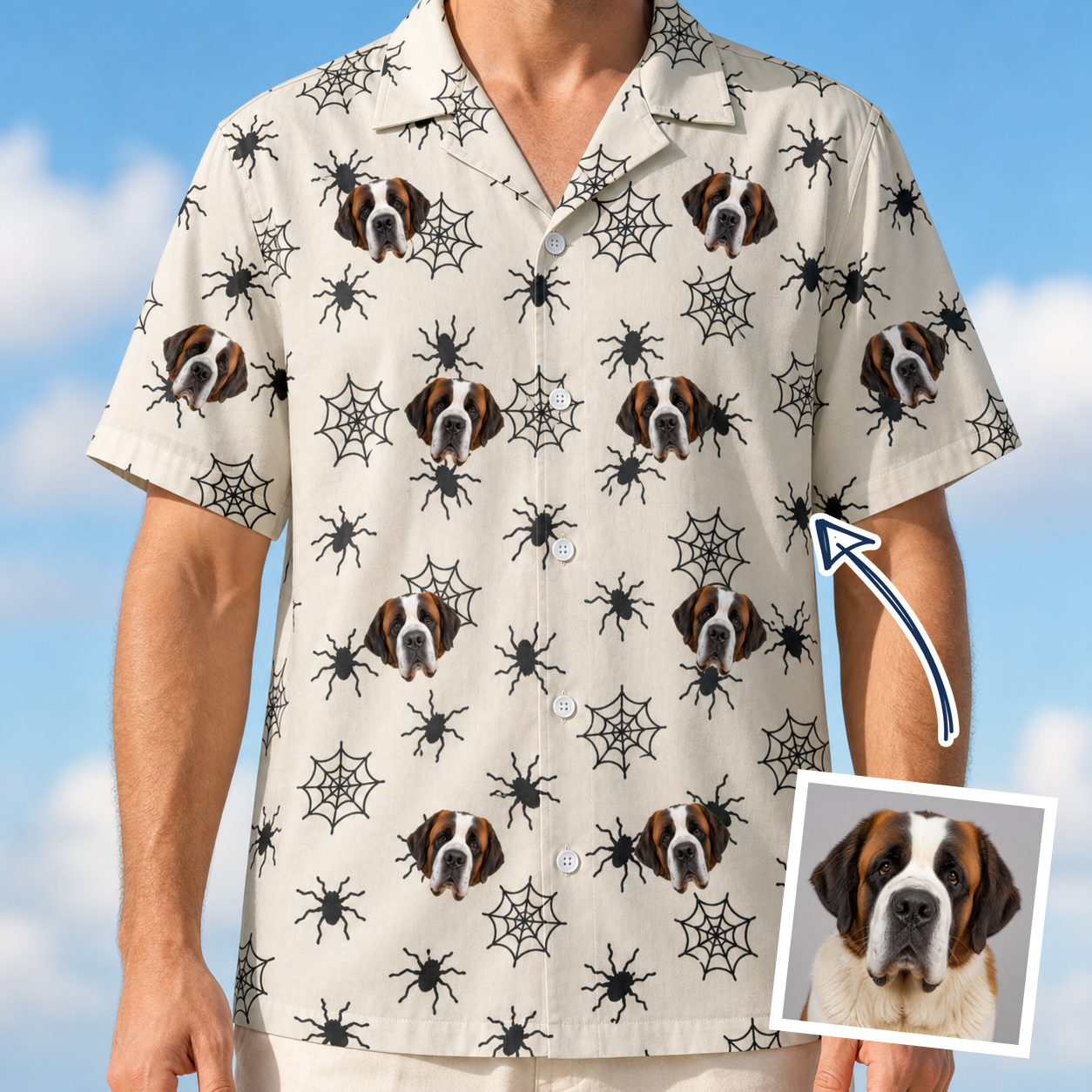 Man wearing Men's Tangle Terror Custom Dog Face Hawaiian Shirt — custom faces printed all-over