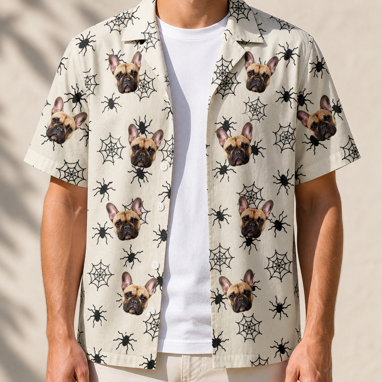 Man wearing Men's Tangle Terror Custom Dog Face Hawaiian Shirt open over a white tee
