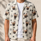 Man wearing Men's Tangle Terror Custom Dog Face Hawaiian Shirt open over a white tee