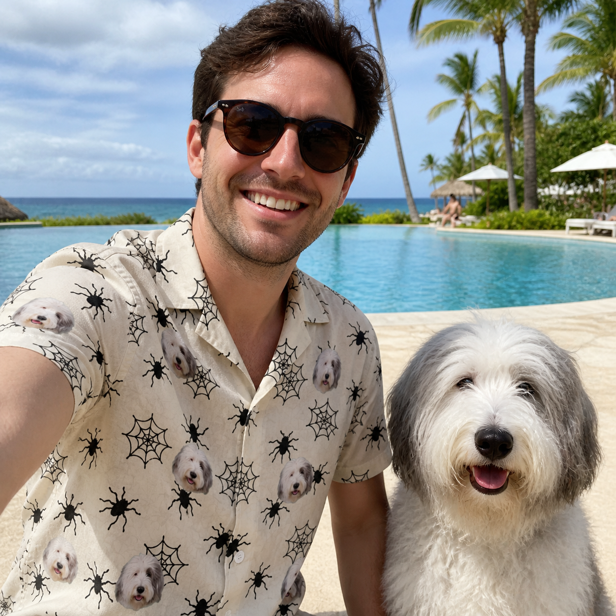 Selfie with the pet whose face is printed all over this Men's Tangle Terror Custom Dog Face Hawaiian Shirt