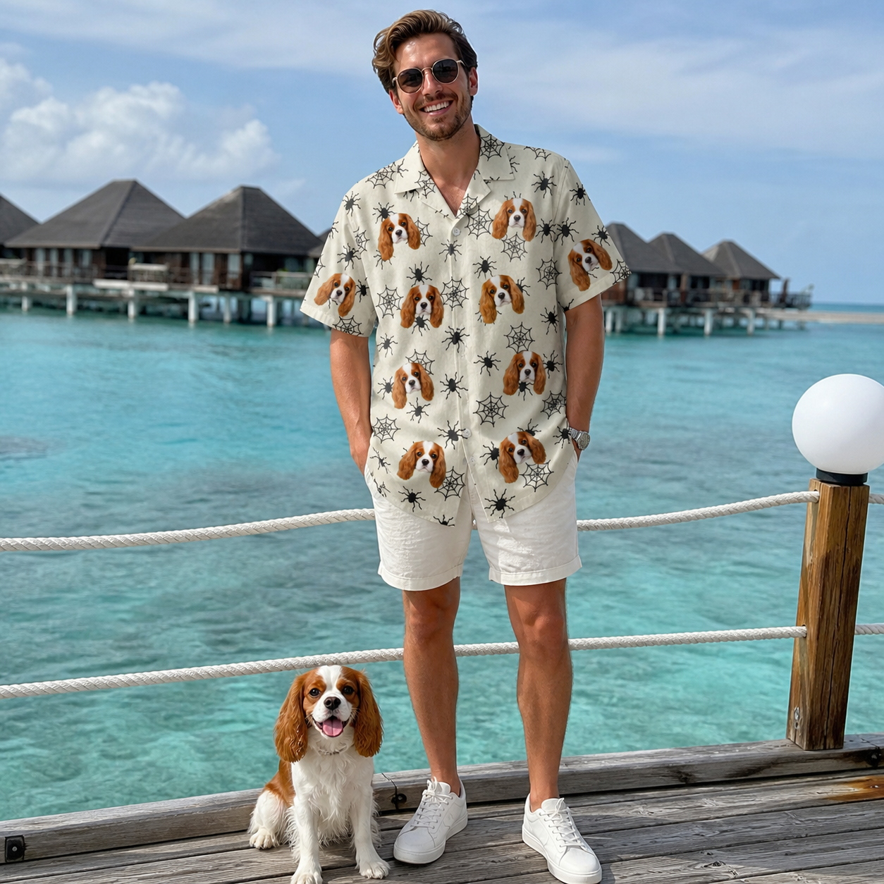 Full-length photo with the pet printed all over this Men's Tangle Terror Custom Dog Face Hawaiian Shirt