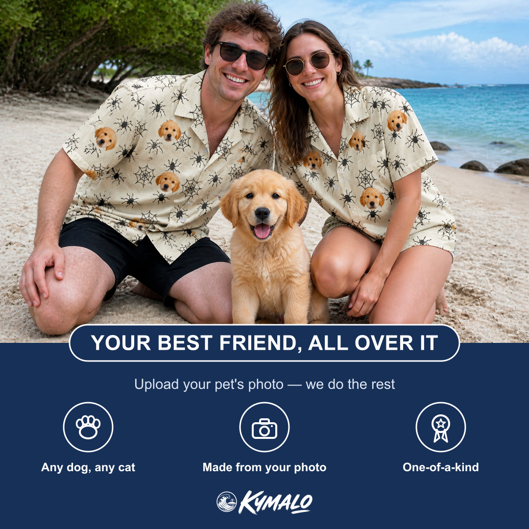 Friends in matching Men's Tangle Terror Custom Dog Face Hawaiian Shirt — a group gift photo