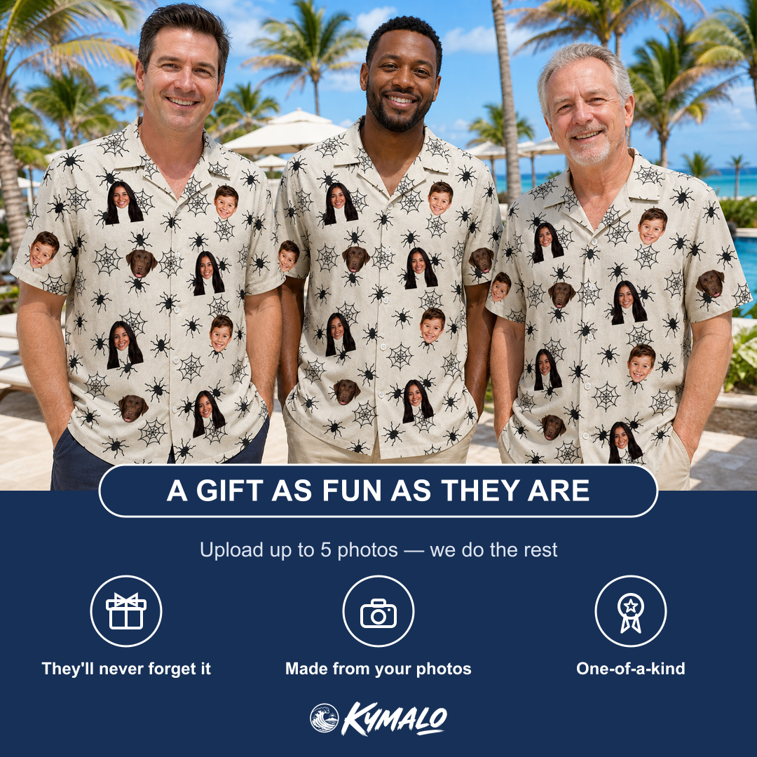 Friends in matching Men's Tangle Terror Custom Face Hawaiian Shirt — a group gift photo