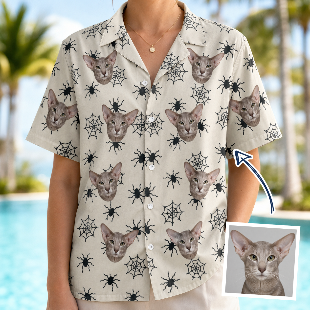 Woman wearing Women's Tangle Terror Custom Cat Face Hawaiian Shirt — custom faces printed all-over