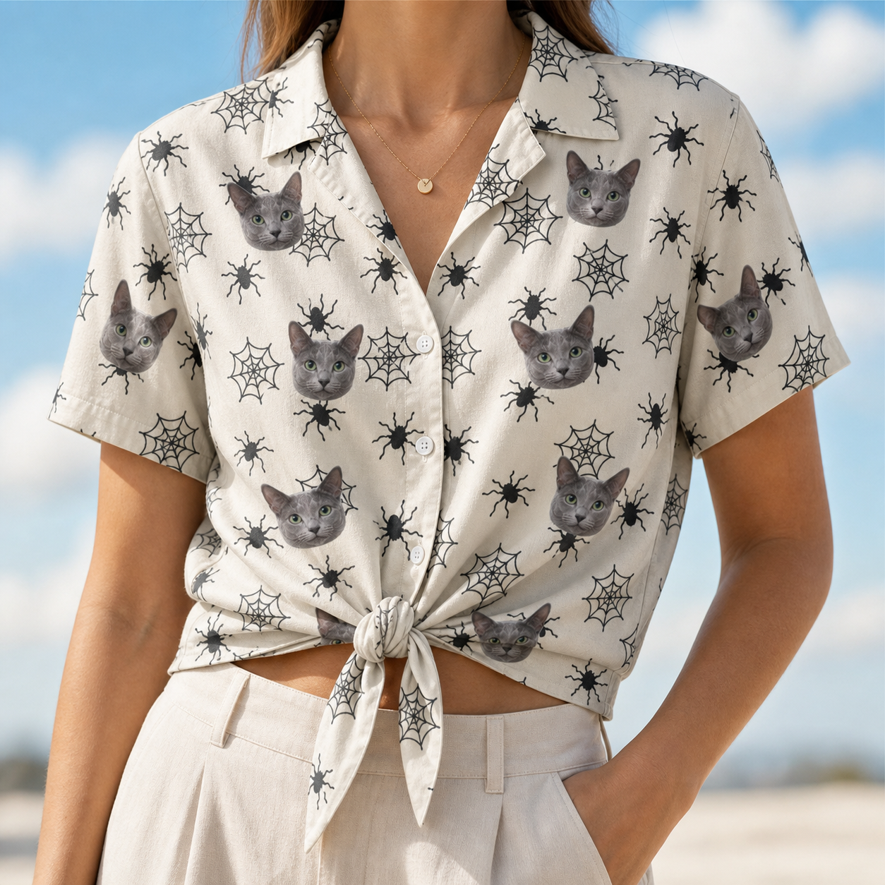 Woman wearing Women's Tangle Terror Custom Cat Face Hawaiian Shirt tied at the waist