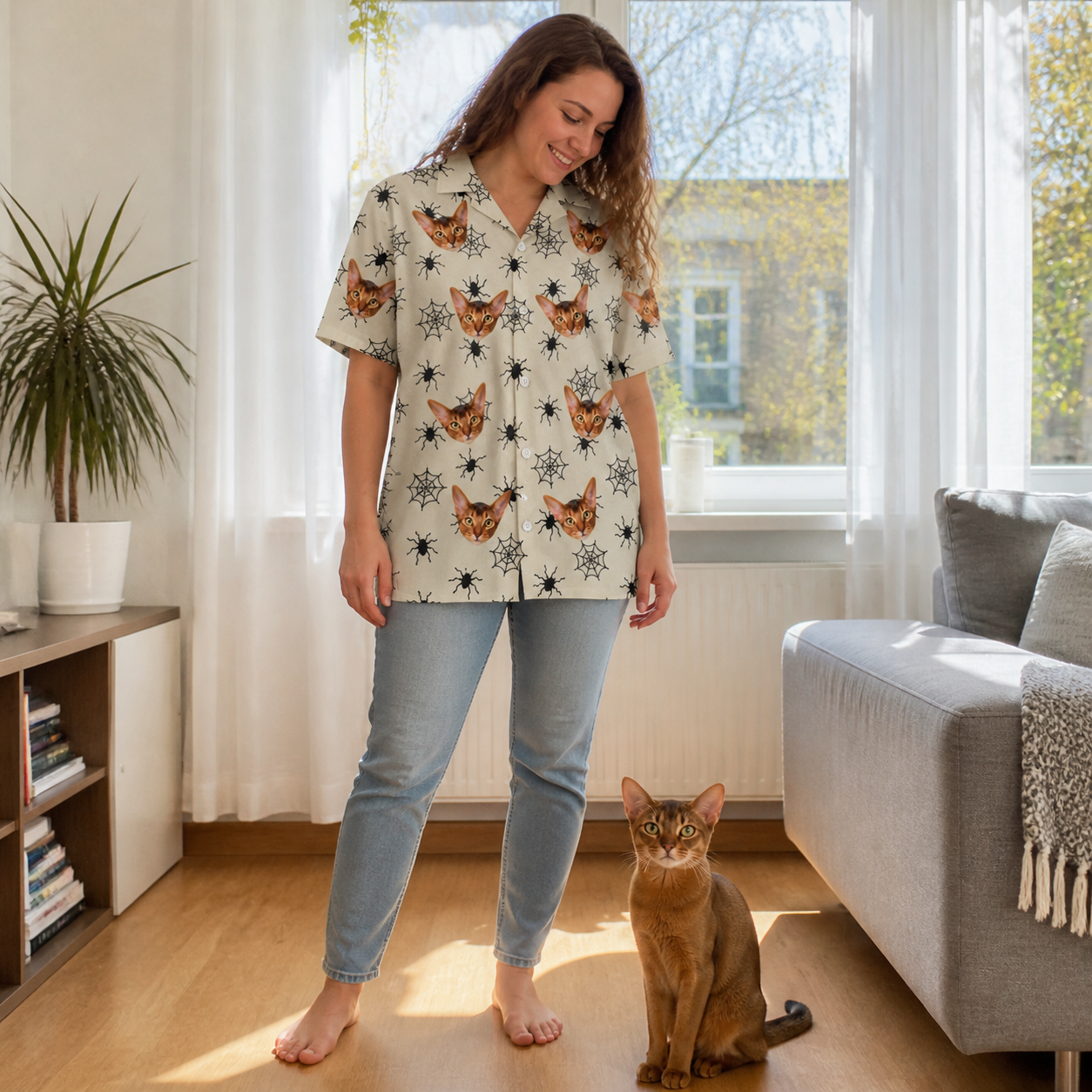 Full-length photo with the pet printed all over this Women's Tangle Terror Custom Cat Face Hawaiian Shirt