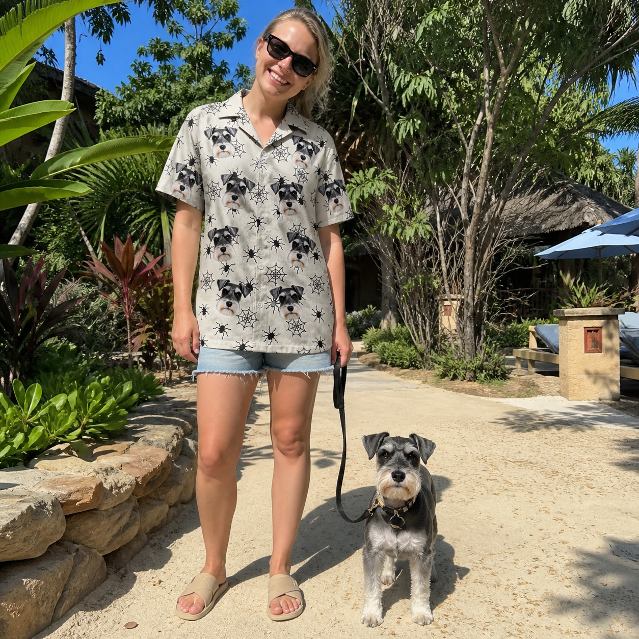 Full-length photo with the pet printed all over this Women's Tangle Terror Custom Dog Face Hawaiian Shirt
