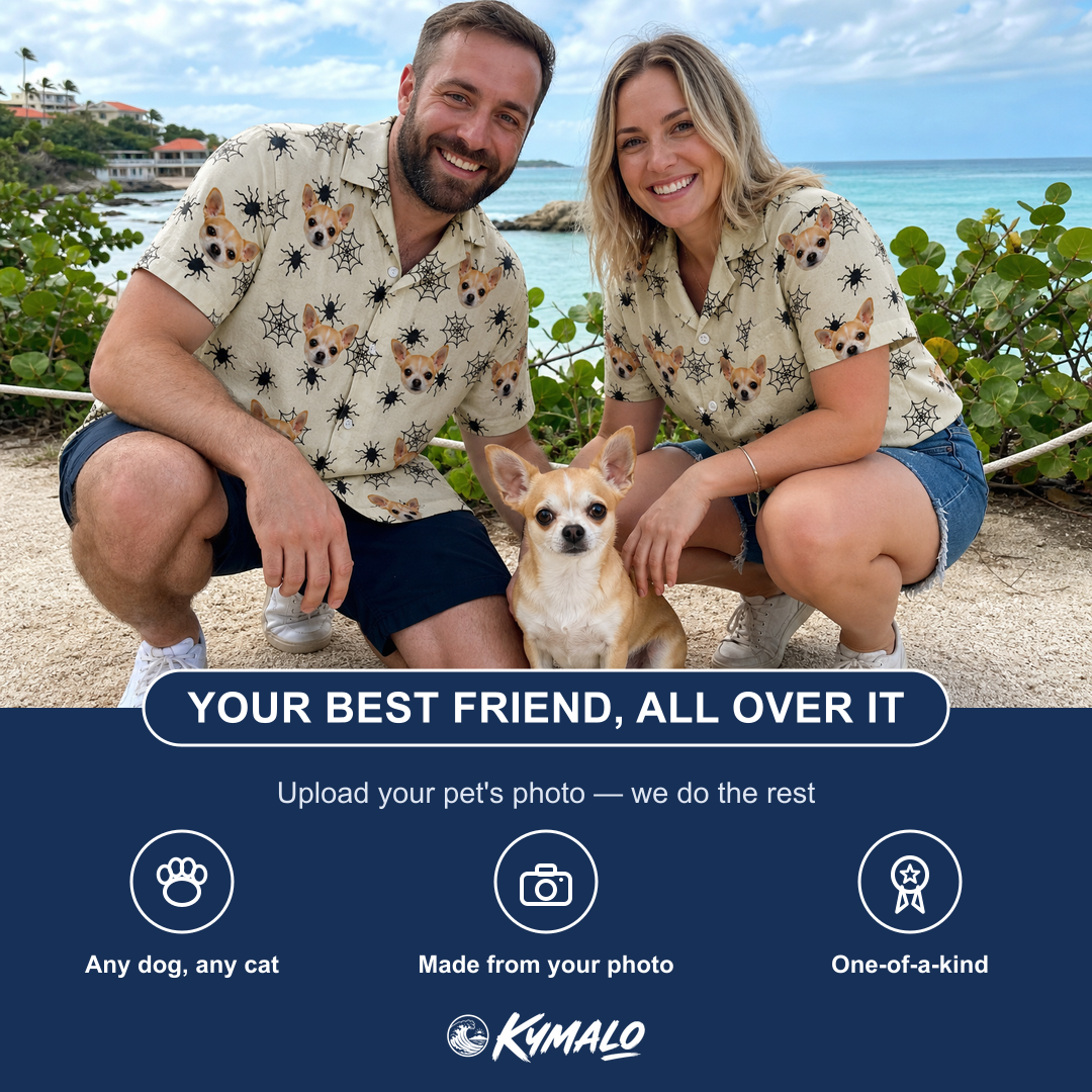 Friends in matching Women's Tangle Terror Custom Dog Face Hawaiian Shirt — a group gift photo