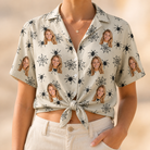 Woman wearing Women's Tangle Terror Custom Face Hawaiian Shirt tied at the waist