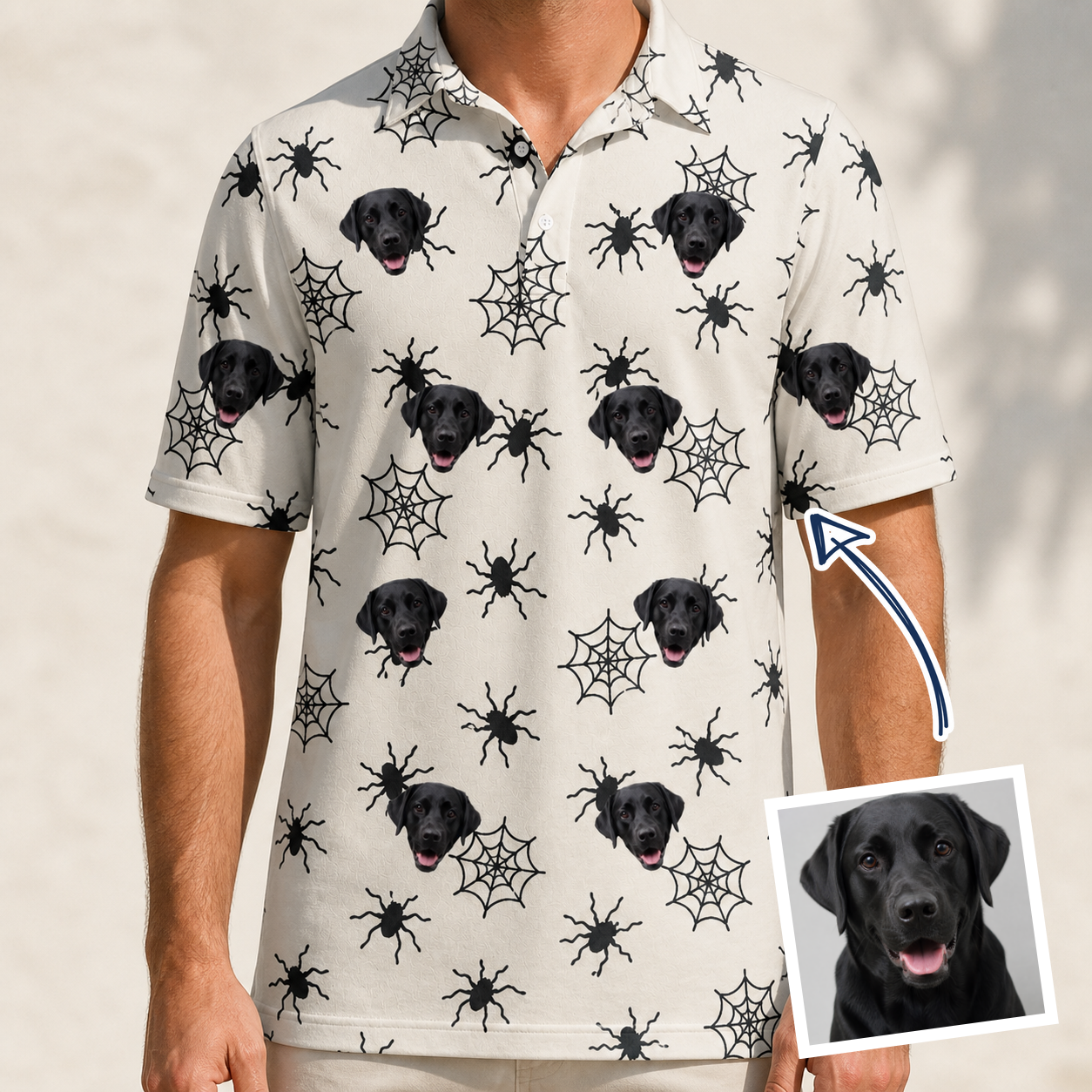Man wearing Men's Tangle Terror Custom Dog Face Polo Shirt — custom faces printed all-over