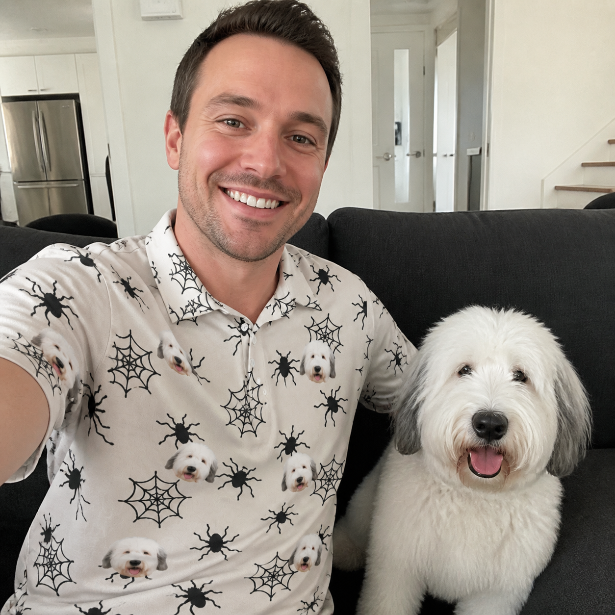 Selfie with the pet whose face is printed all over this Men's Tangle Terror Custom Dog Face Polo Shirt
