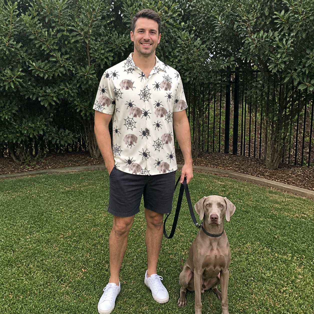 Full-length photo with the pet printed all over this Men's Tangle Terror Custom Dog Face Polo Shirt