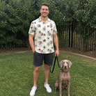 Full-length photo with the pet printed all over this Men's Tangle Terror Custom Dog Face Polo Shirt
