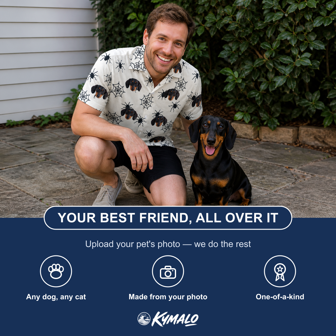 Friends in matching Men's Tangle Terror Custom Dog Face Polo Shirt — a group gift photo