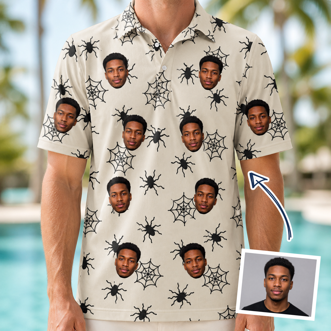 Man wearing Men's Tangle Terror Custom Face Polo Shirt — custom faces printed all-over