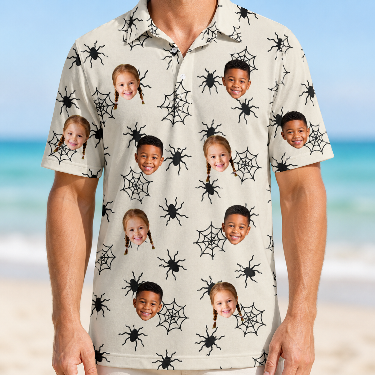 Model wearing Men's Tangle Terror Custom Face Polo Shirt printed with kids' faces