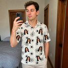 Real-life photo of someone wearing Men's Tangle Terror Custom Face Polo Shirt — custom faces printed all-over