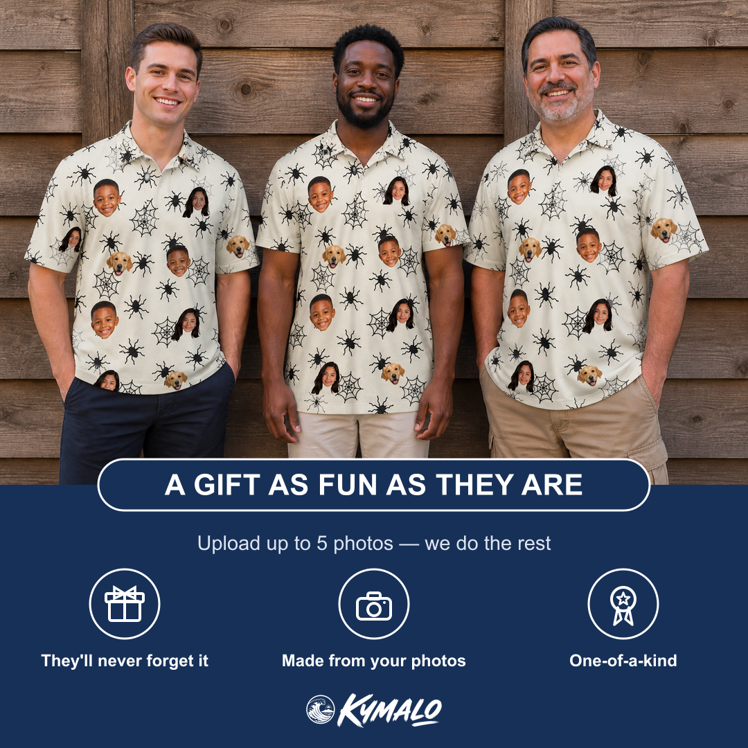Friends in matching Men's Tangle Terror Custom Face Polo Shirt — a group gift photo