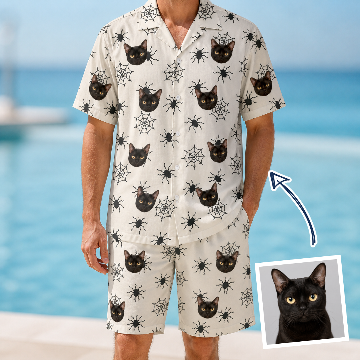 Man wearing Men's Tangle Terror Custom Cat Face Shirt & Shorts Set — custom faces printed all-over