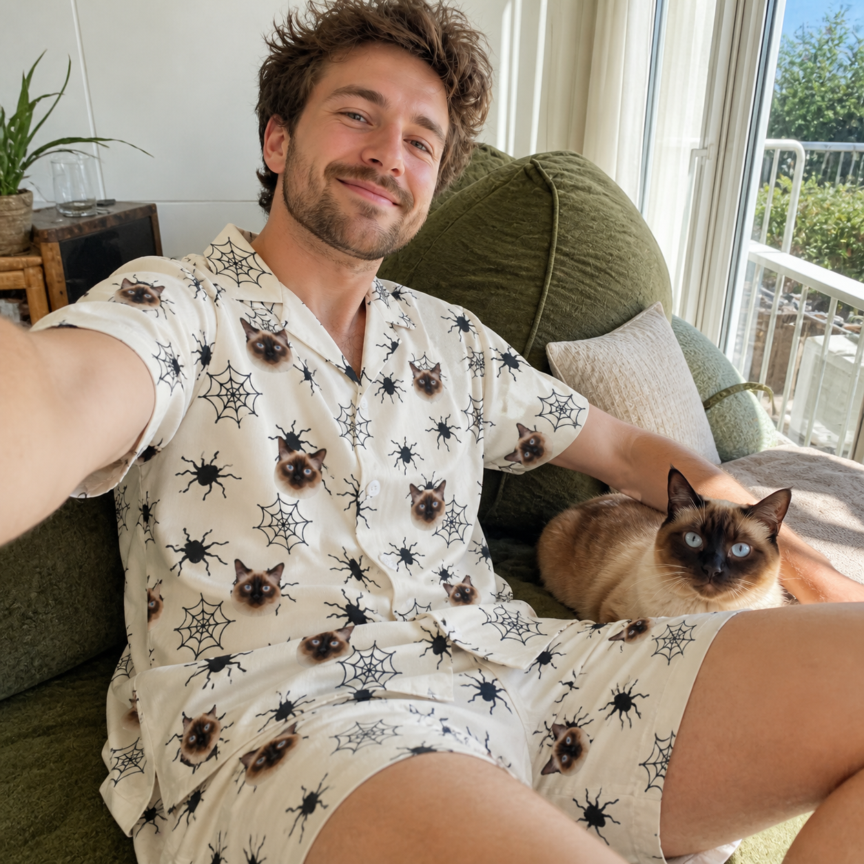 Selfie with the pet whose face is printed all over this Men's Tangle Terror Custom Cat Face Shirt & Shorts Set