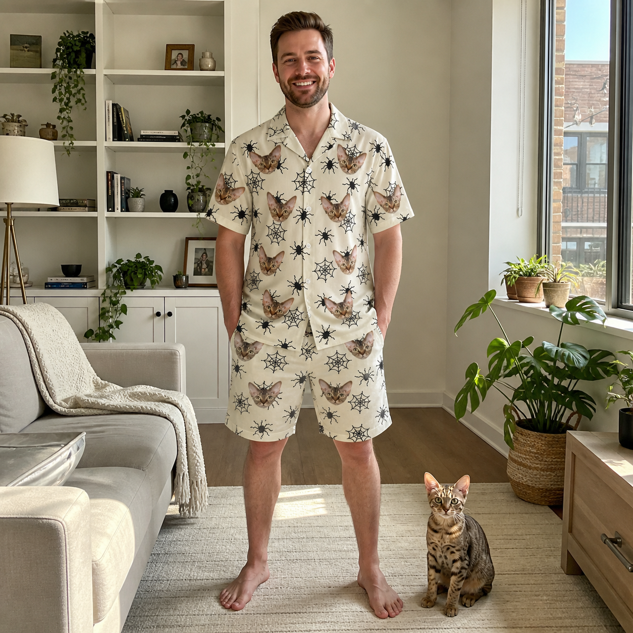 Full-length photo with the pet printed all over this Men's Tangle Terror Custom Cat Face Shirt & Shorts Set