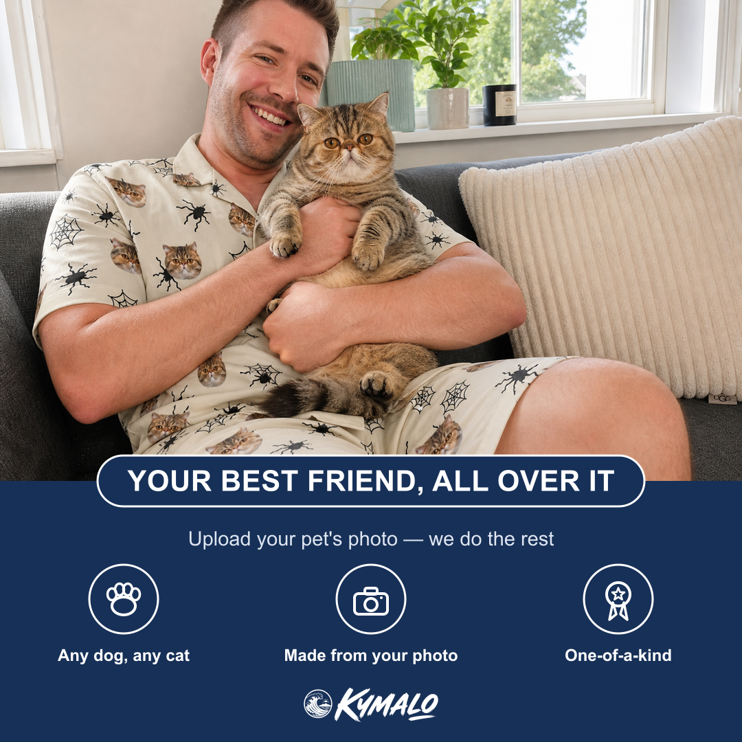 Friends in matching Men's Tangle Terror Custom Cat Face Shirt & Shorts Set — a group gift photo