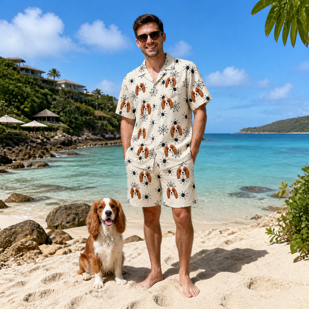 Full-length photo with the pet printed all over this Men's Tangle Terror Custom Dog Face Shirt & Shorts Set