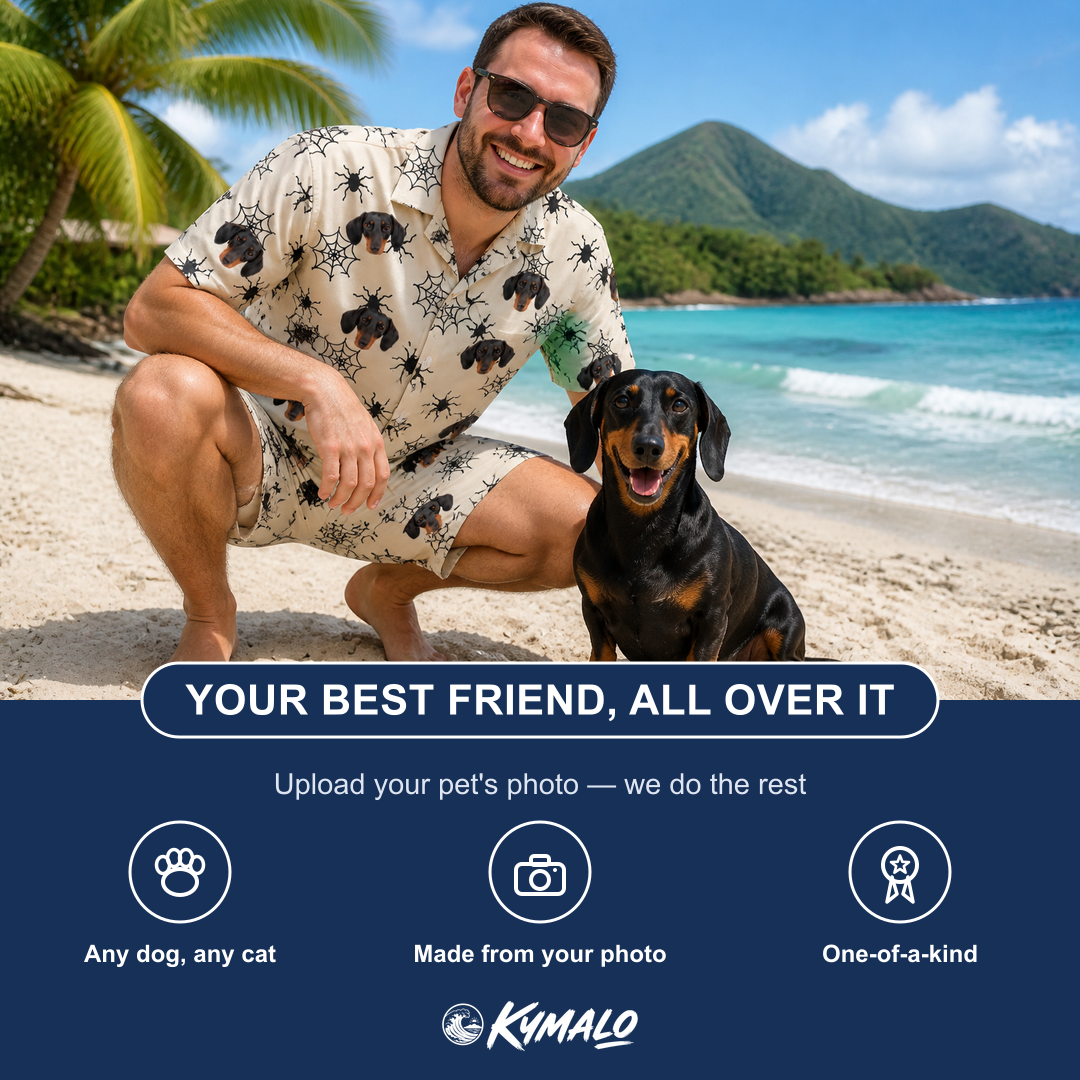 Friends in matching Men's Tangle Terror Custom Dog Face Shirt & Shorts Set — a group gift photo