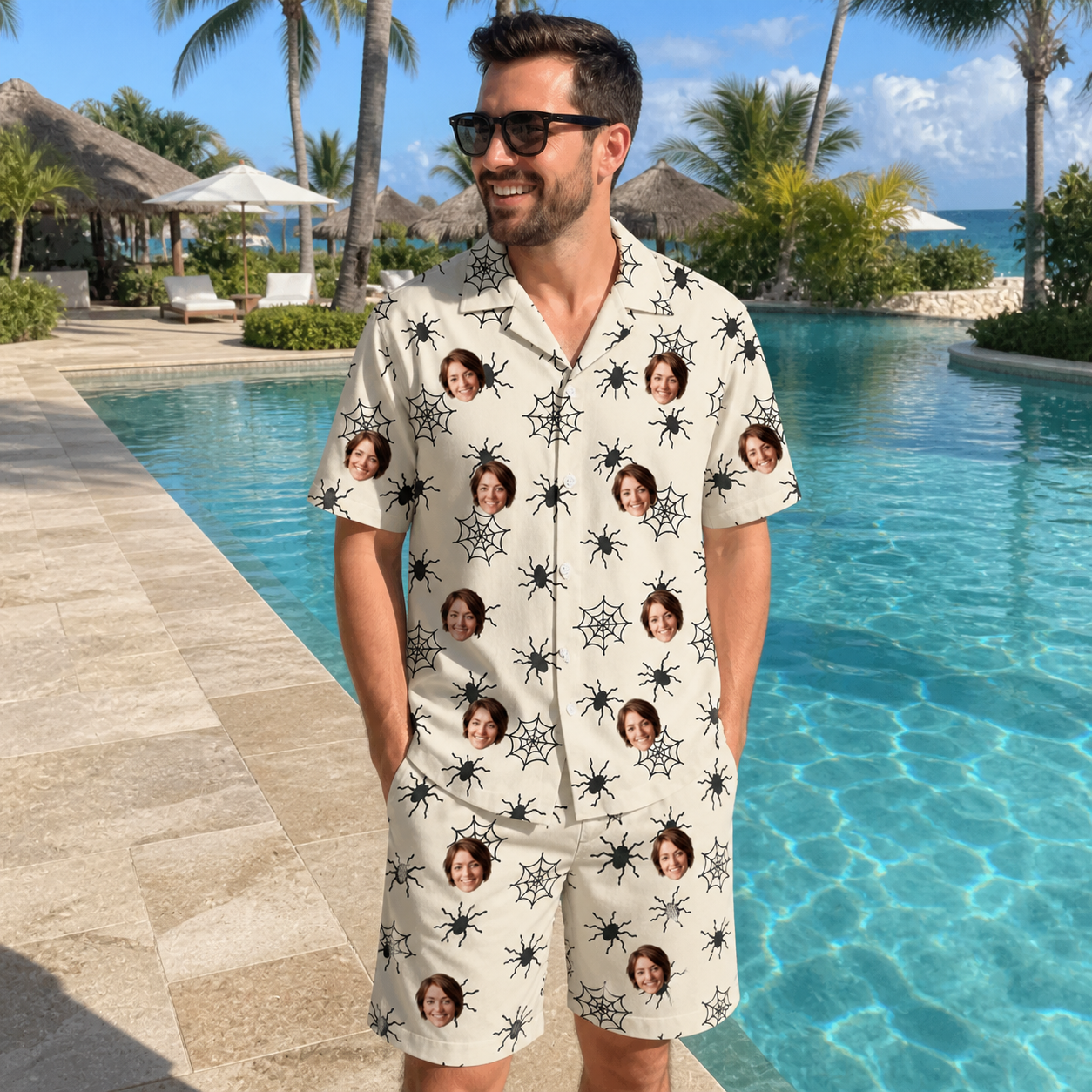 Real-life photo of someone wearing Men's Tangle Terror Custom Face Shirt & Shorts Set — custom faces printed all-over